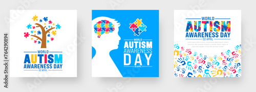 2 April world Autism Awareness Day social media post banner design set. Autism Awareness Day banner bundle with puzzle piece, child hand, awareness ribbon, love icon, child girl and boy vector design. © Neelrong
