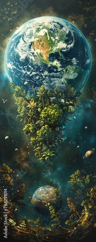 Craft an innovative graphic depicting a frontal view of a planet, with ecosystems represented as interconnected living entities with legal and moral rights Emphasize harmony and balance to convey the 