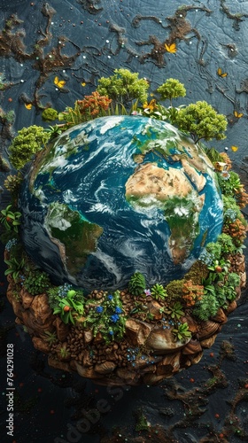 Produce a thought-provoking visual showcasing a frontal perspective of Earth with distinct ecosystems personified with symbolic legal and moral rights Inspire contemplation and engagement on the profo photo