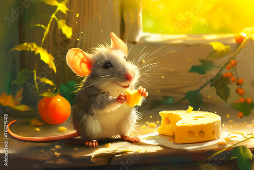  Illustration depicting a mouse adventurously grasping a tempting slice of cheese, creating a whimsical and delightful visual narrative. photo