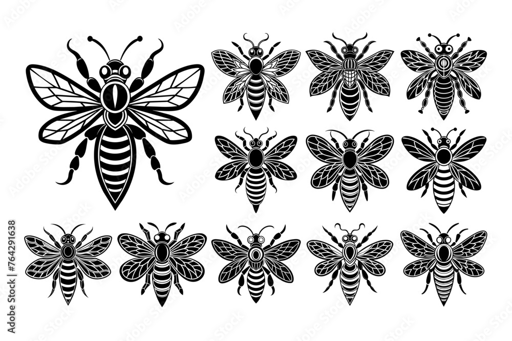 Hand drawn detailed bee insect illustration design set