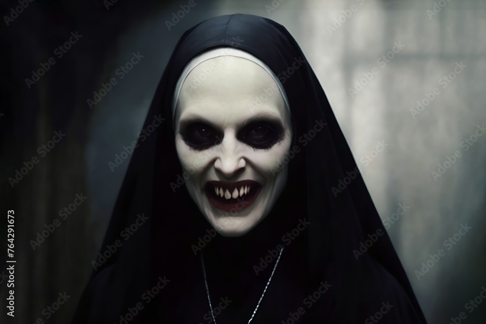 Spooky nun. Creepy religious sister laughing Spooky nun. Creepy religious sister laughing