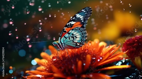 close up view of colorful butterfly on the flower with water drops background