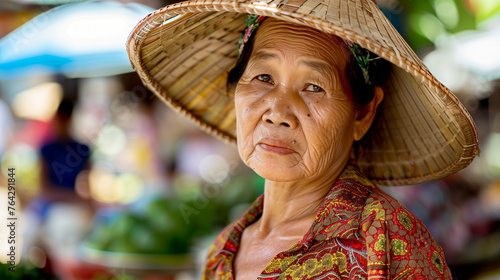 Portrait of a asian woman wearing a floral dress and a straw hat photo