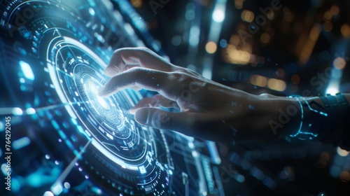 A futuristic concept where a hand interacts with a digital interface, symbolizing the advent of digital transformation and the exploration of the metaverse photo