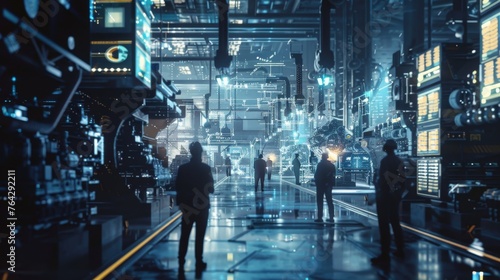 A futuristic technology concept showcasing a team of engineers in a digitalized heavy industry factory, embodying the digital twin and Industry 4.0 innovations