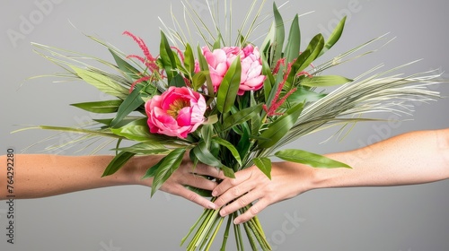 Wallpaper Mural a bouquet of pink flowers being held by a woman's arm with palm leaves and pink flowers on it. Torontodigital.ca