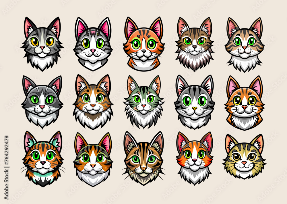 Cute flat cat head cartoon sticker illustration design set