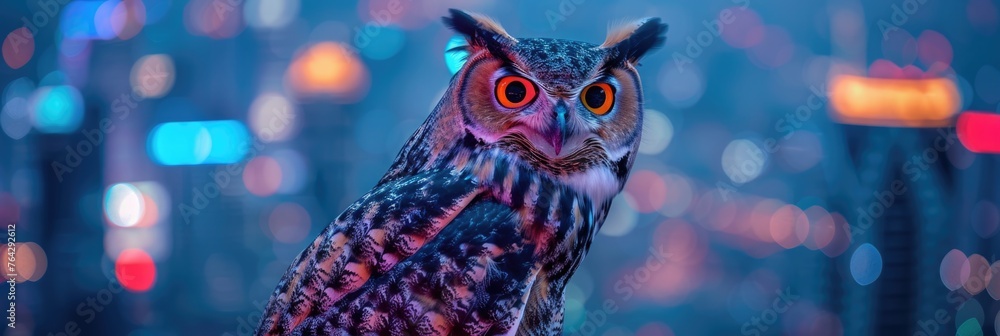 Owl with Intense Gaze Over City Lights