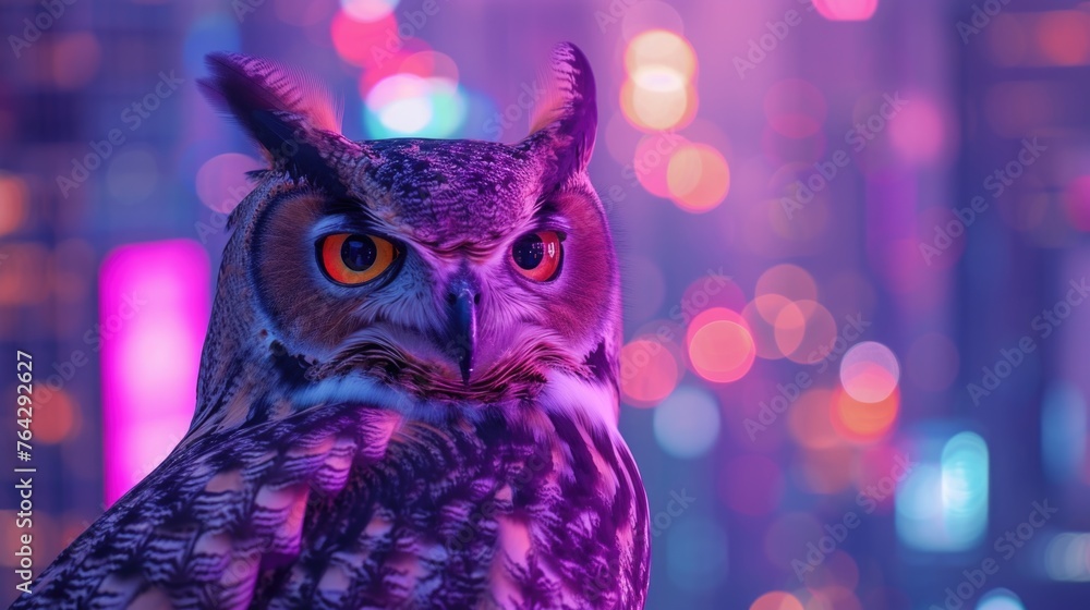 Owl with Intense Gaze Over City Lights Owl with Intense Gaze Over City Lights