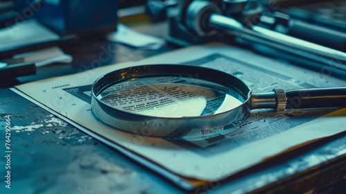 A magnifying glass on a test print, a tool for quality control in the printing industry