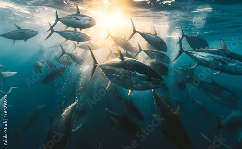 Majestic Bluefin Tuna in Sunlit Waters. Bluefin Majesty  Ocean Symphony in Gold and Silver. 