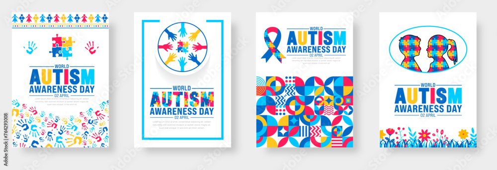 2 April world Autism Awareness Day book cover design set. Autism Awareness Day banner or background bundle with puzzle piece, kids raising hand, child hand, ribbon, love icon, child girl, boy vector. 2 April world Autism Awareness Day book cover design set. Autism Awareness Day banner or background bundle with puzzle piece, kids raising hand, child hand, ribbon, love icon, child girl, boy vector.