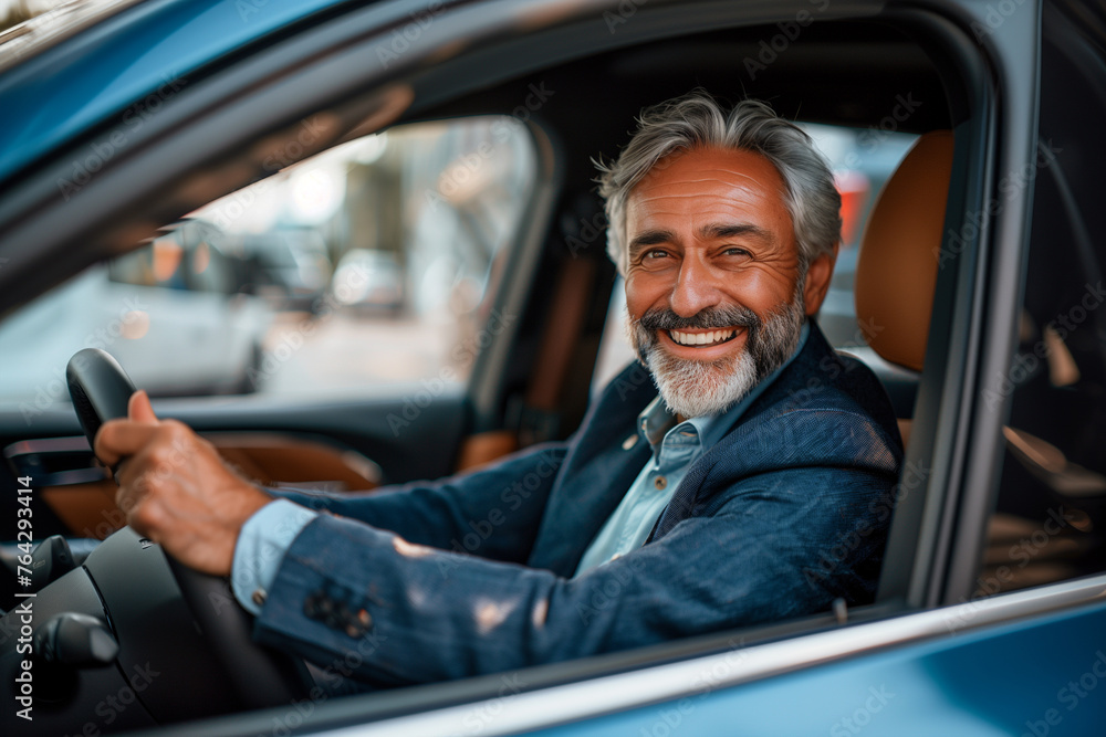 Man Sitting in Car With Hand on Steering Wheel Man Sitting in Car With Hand on Steering Wheel