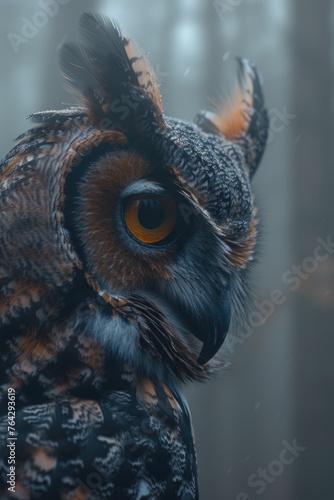 Owl against the background of a dark forest