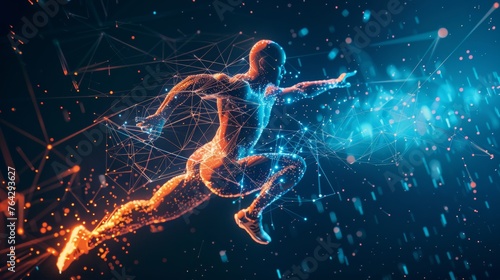 A running man transforming into a network connection, symbolizing the intersection of physical activity and digital connectivity
