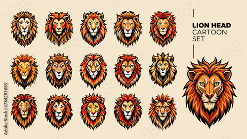 Simple flat wildlife lion head sticker illustration design set photo