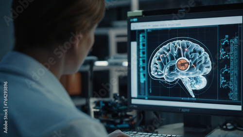 A research assistant in a white coat works at a computer. The computer screen shows a human brain with an implanted chip.