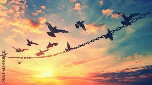 A symbolic representation of freedom and breaking free from constraints, visualized through birds flying away from broken chains photo
