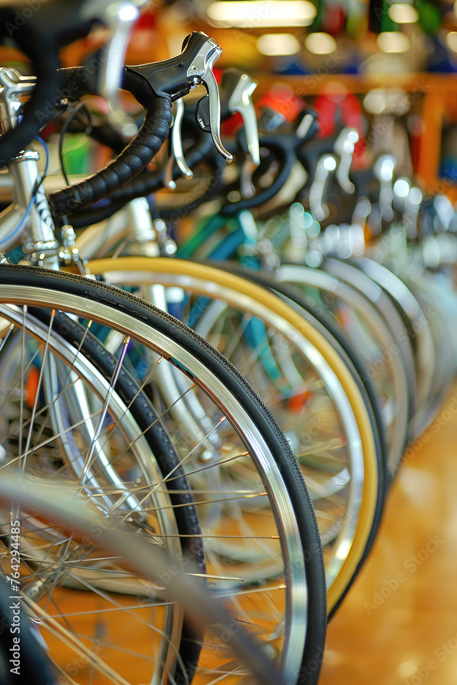 Bicycle shop showcases rows of sleek bicycles, shelves brimming with colorful cycling gear, and racks displaying accessorie. Bicycle shop showcases rows of sleek bicycles, shelves brimming with colorful cycling gear, and racks displaying accessorie.