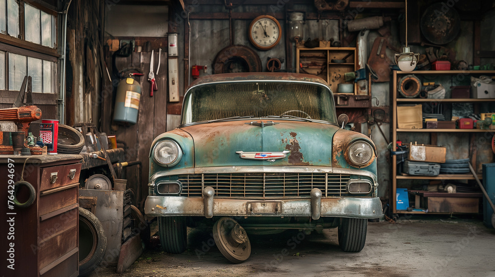 Obraz premium Vintage Car in a Rustic Old Garage. A classic, rusty car parked inside a garage full of antique tools and miscellaneous items, evoking nostalgia.