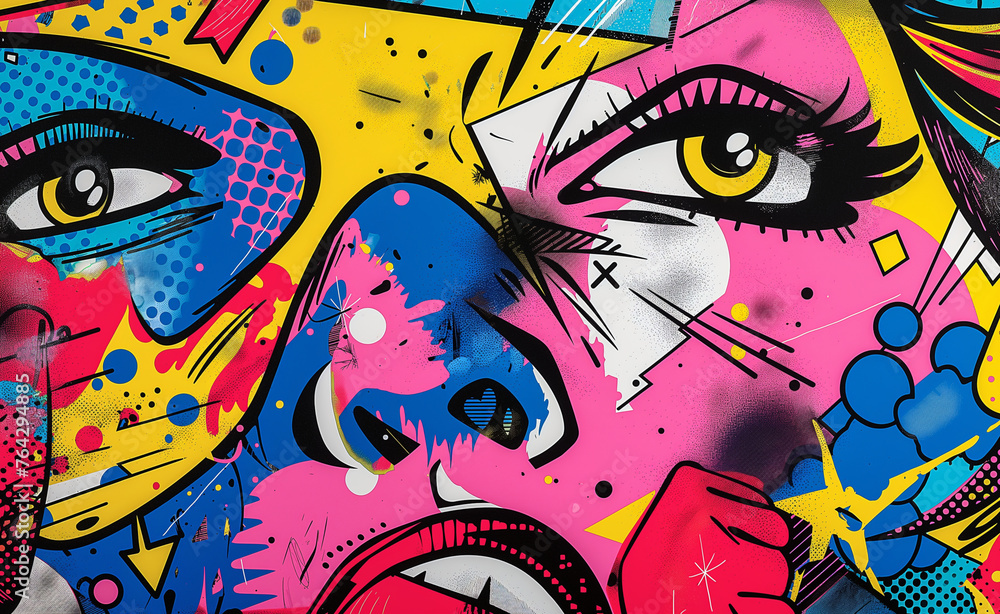 Naklejka premium A vibrant pop art mural depicting a stylized female face with exaggerated features and bold colors.