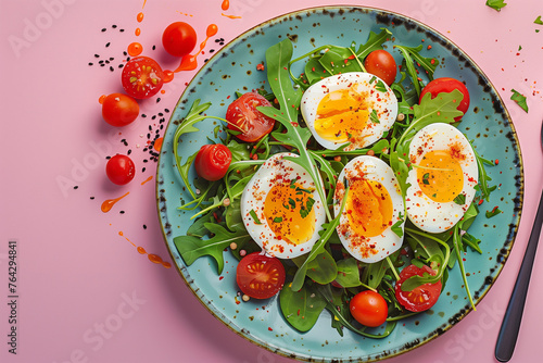 Boiled eggs with herbs, tomatoes and spices on a plate on a pink background.