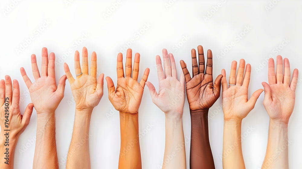 Diverse group of raised hands implying unity and cooperation. multicultural teamwork concept. simple and clear design for social inclusion. AI