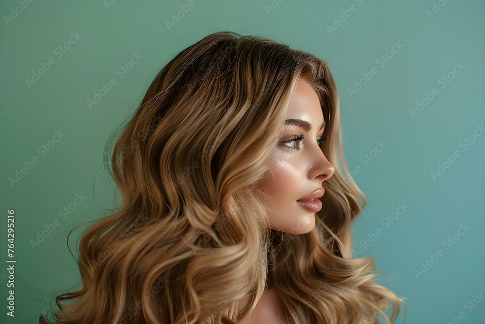 Fototapeta premium Woman Showing Off Her Balayage Hair Against a Green Background. Concept Hair, Balayage, Woman, Green Background, Outdoor Photoshoot