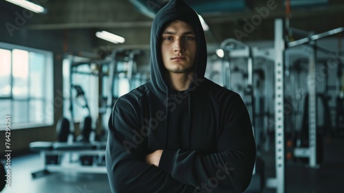 A man standing in a gym with his arms crossed