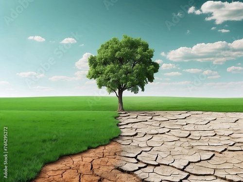 Climate change concept. contrast of green to dry and barren. a tree growing in the center of a dry vs green field.