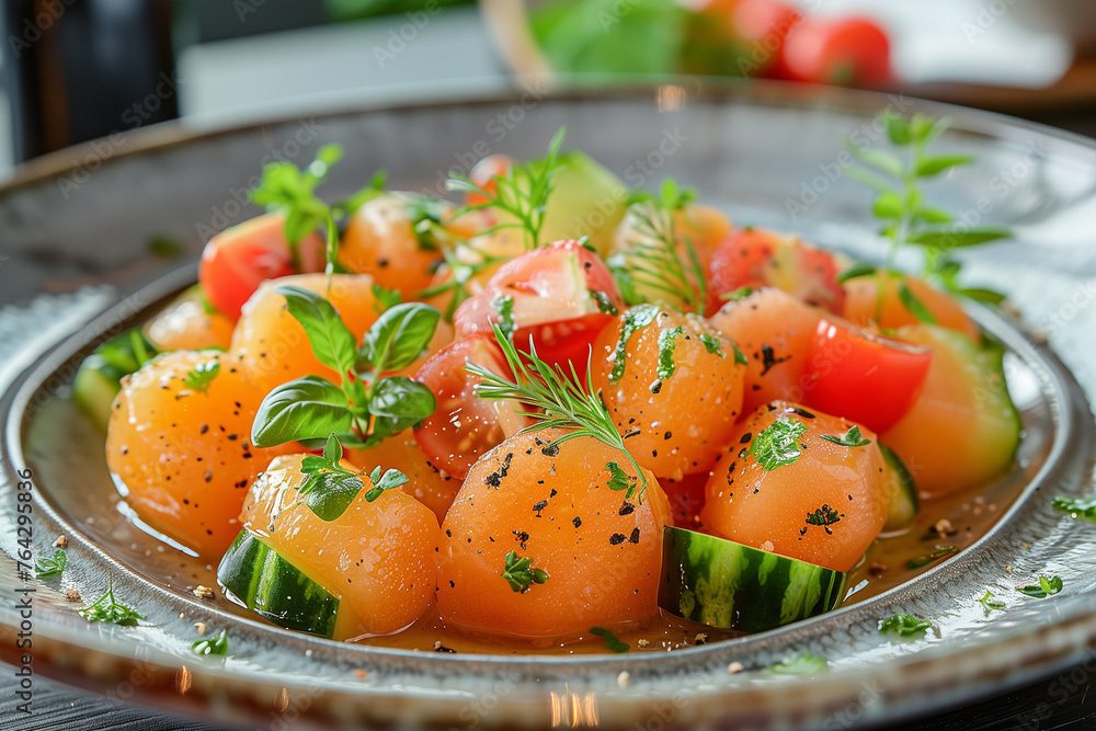 High angle view of melon salad served in plate on table High angle view of melon salad served in plate on table