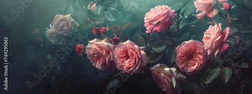 Beautiful rose bush on dark background. Moody flowers. Cursed, magic flower. Rosa Damascena or Damask rose. Romantic luxury background. Elegant love and passion concept #764295863