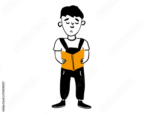 A smart boy is standing and holding a book in his hands reading. Vector doodle illustration isolated on white background.