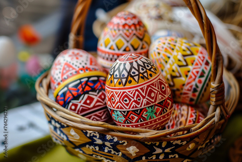 A basket with traditional painted eggs for Orthodox Easter