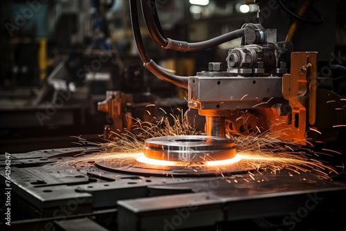 An intricate view of a machine caster in an active factory setting with sparks flying from welding operations