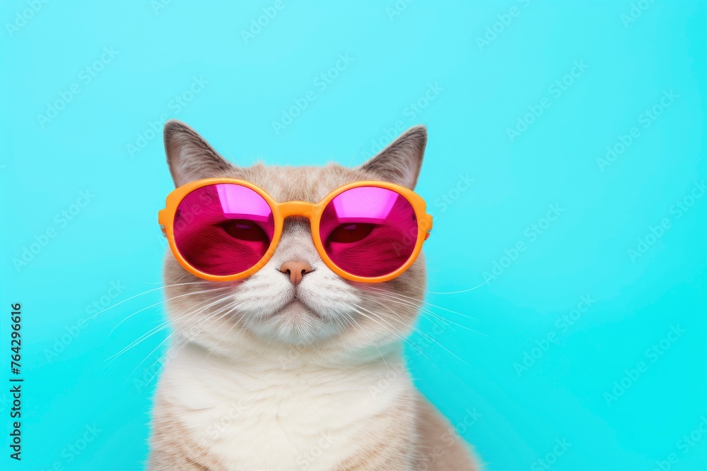 Obraz premium funny smile cat with sunglasses and copy space - generative ai