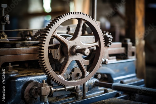 Historic Printing Equipment: A Platen Press Surrounded by Rusty Industrial Machinery photo