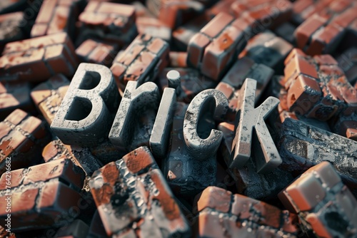 a sign that spells "Brick" resting on a pile of bricks