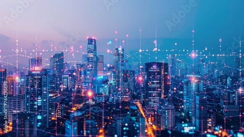 A smart city visualization with interconnected buildings and technology, illustrating the concept of a digital transformation and IoT in urban development #764296698
