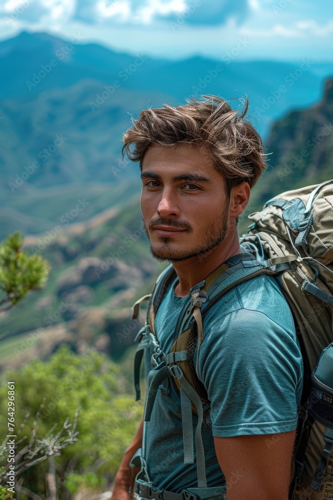 Obraz premium A man with a backpack on top of a mountain.