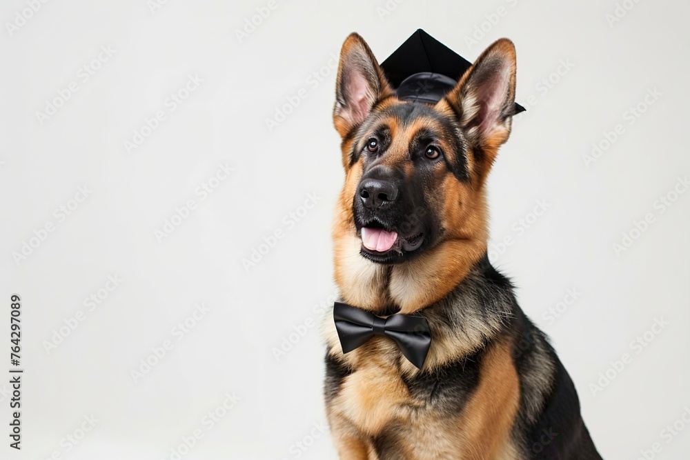 Cute german shepherd dog wearing graduation hat on white background