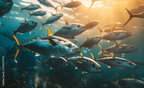 Majestic Bluefin Tuna in Sunlit Waters. Bluefin Majesty: Ocean Symphony in Gold and Silver. photo