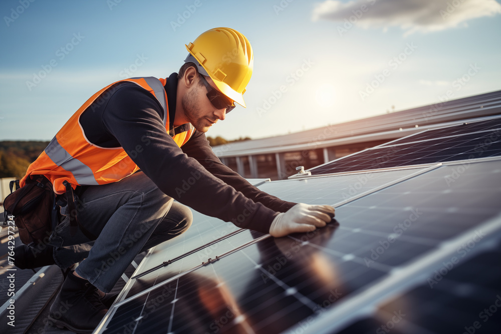 Photovoltaic solar panels are installed on roof of house by technician AI Generative Photovoltaic solar panels are installed on roof of house by technician AI Generative
