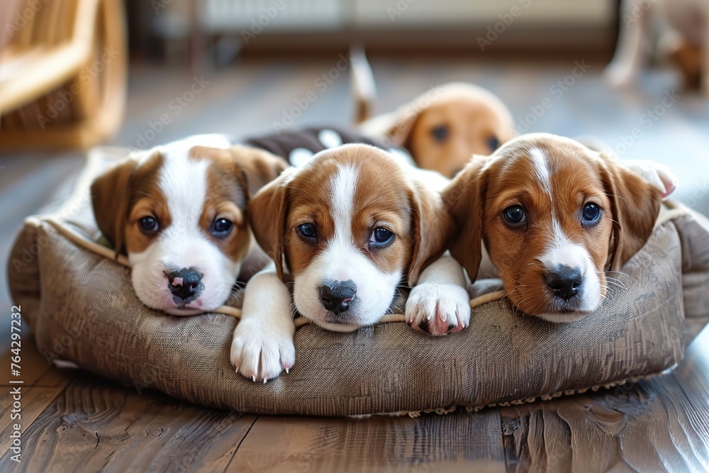 Beautiful puppies lying on soft dog bed in home interior Beautiful puppies lying on soft dog bed in home interior