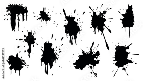 Black ink spots set isolated on white background. Set of black splashes. Vector illustration. Set of black ink splatters on transparent background. Grunge spray drop spatter  dirty blot splatters