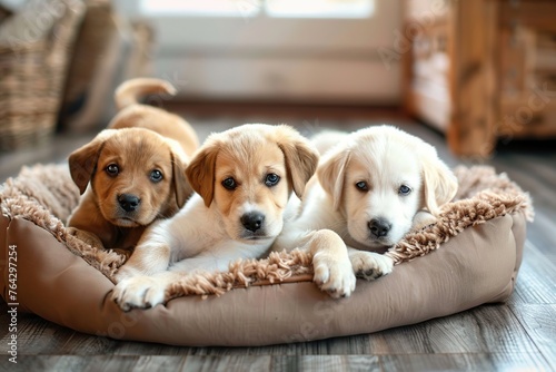 Beautiful puppies lying on soft dog bed in home interior