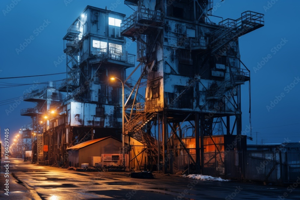 Nighttime at the Dockyard: A Beacon Tower Shines Bright Among Weathered Warehouses and Rusty Machinery