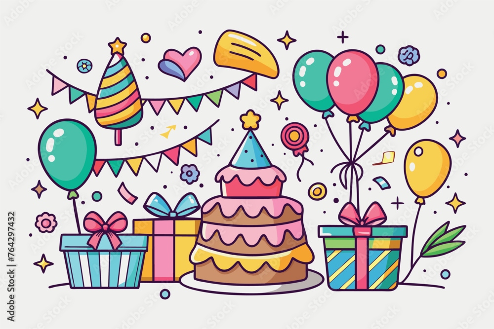 Set of Happy Birthday doodles. Sketch of Party decoration, gift box, cake, and party hats. Hand drawn vector illustration isolated on a white background Set of Happy Birthday doodles. Sketch of Party decoration, gift box, cake, and party hats. Hand drawn vector illustration isolated on a white background