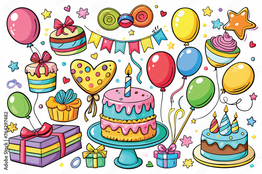 Set of Happy Birthday doodles. Sketch of Party decoration, gift box, cake, and party hats. Hand drawn vector illustration isolated on a white background Set of Happy Birthday doodles. Sketch of Party decoration, gift box, cake, and party hats. Hand drawn vector illustration isolated on a white background